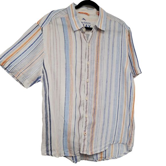 Tommy Bahama Shirt Men Large Linen Blue Stripe Short Sleeve Beach Vacation - Picture 1 of 7